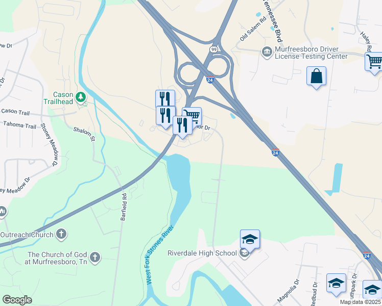 map of restaurants, bars, coffee shops, grocery stores, and more near 1405 Riverwatch Court in Murfreesboro