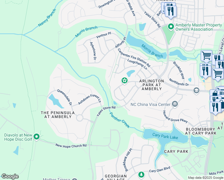 map of restaurants, bars, coffee shops, grocery stores, and more near 3016 Remington Oaks Circle in Cary