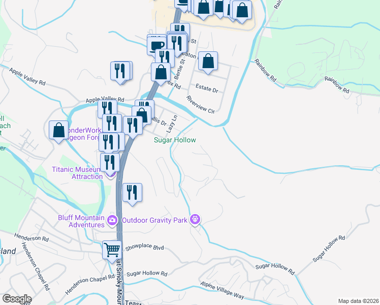 map of restaurants, bars, coffee shops, grocery stores, and more near 2007 Center Road in Pigeon Forge