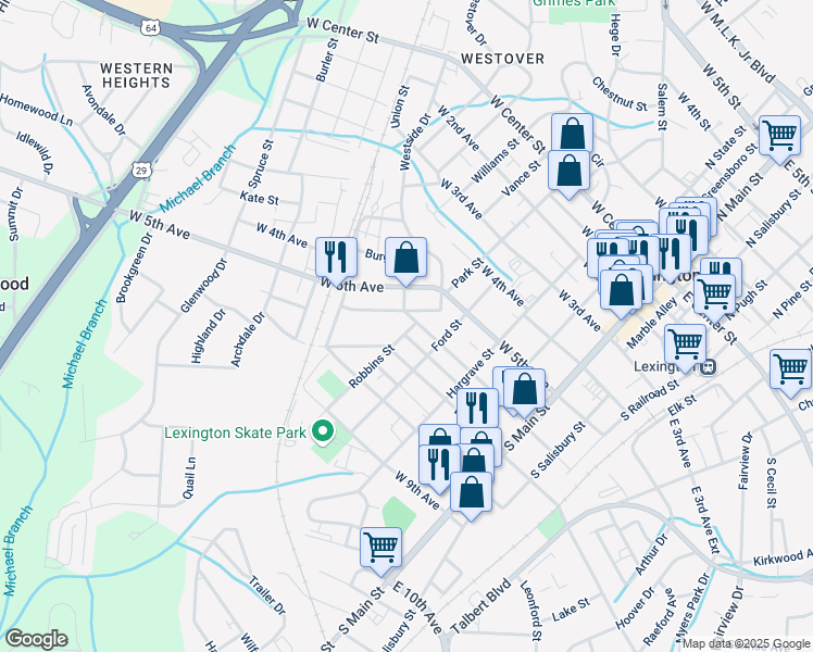 map of restaurants, bars, coffee shops, grocery stores, and more near 416 West 6th Avenue in Lexington