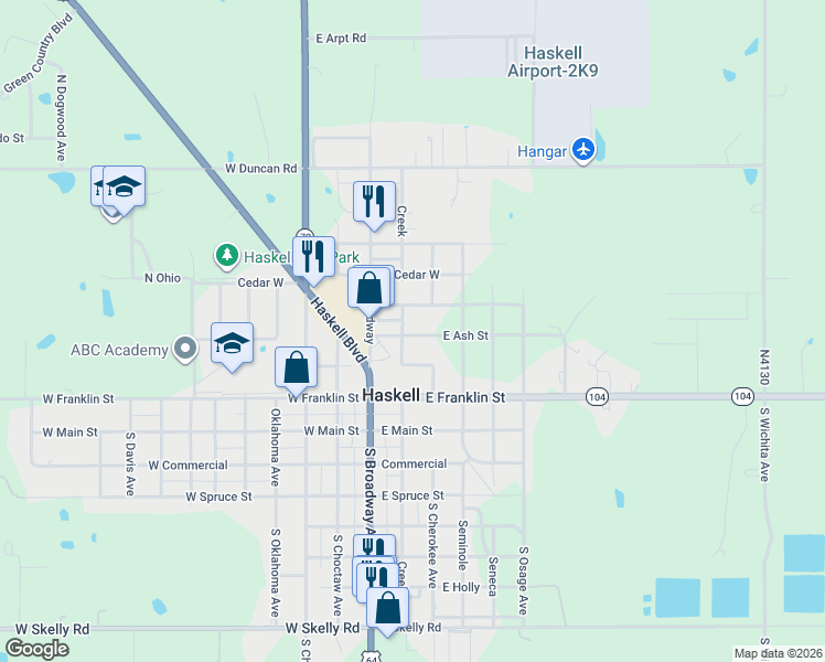 map of restaurants, bars, coffee shops, grocery stores, and more near 500 East Elm in Haskell