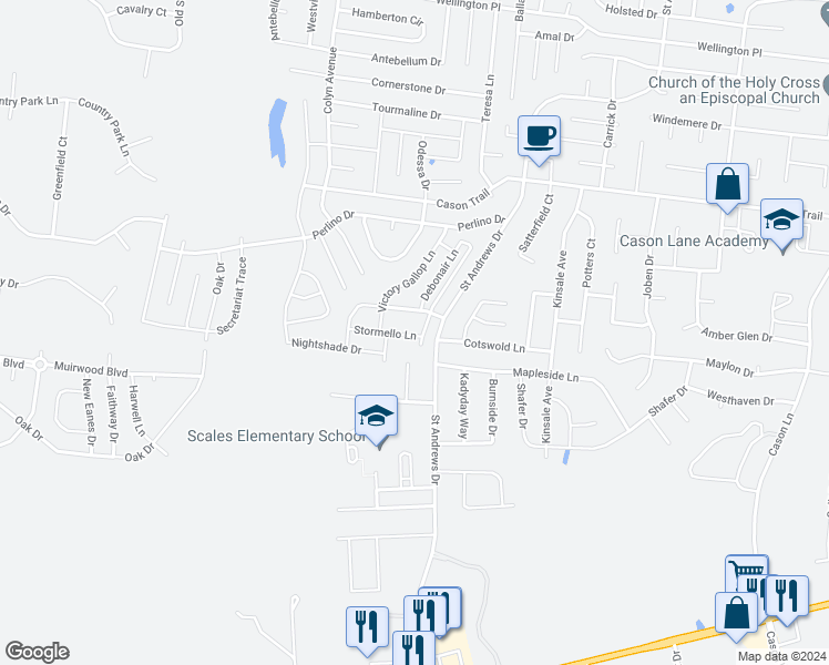 map of restaurants, bars, coffee shops, grocery stores, and more near 3308 Stormello Lane in Murfreesboro
