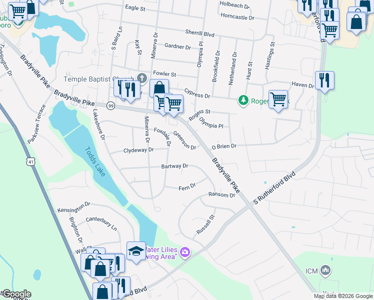 map of restaurants, bars, coffee shops, grocery stores, and more near 1926 Bradyville Pike in Murfreesboro