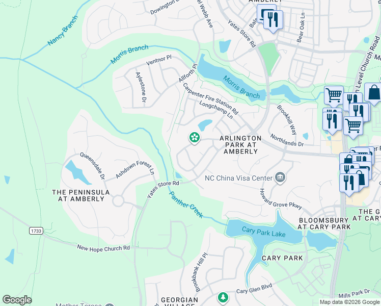 map of restaurants, bars, coffee shops, grocery stores, and more near 2027 Remington Oaks Circle in Cary