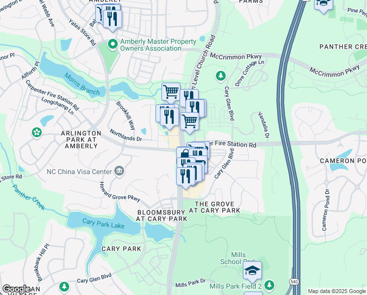 map of restaurants, bars, coffee shops, grocery stores, and more near Green Level Church Road & Carpenter Fire Station Rd in Cary