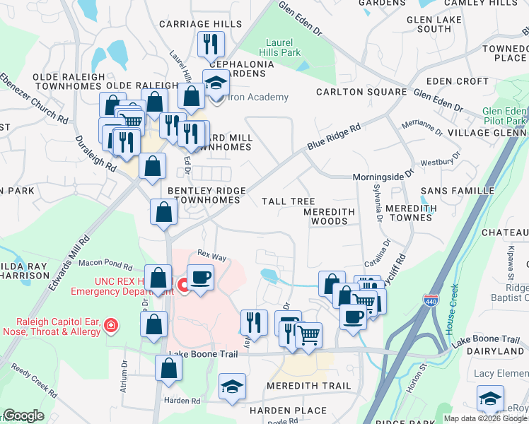 map of restaurants, bars, coffee shops, grocery stores, and more near 3104 Carovel Court in Raleigh