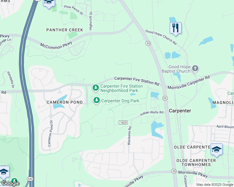 map of restaurants, bars, coffee shops, grocery stores, and more near 7009 Carpenter Fire Station Road in Cary