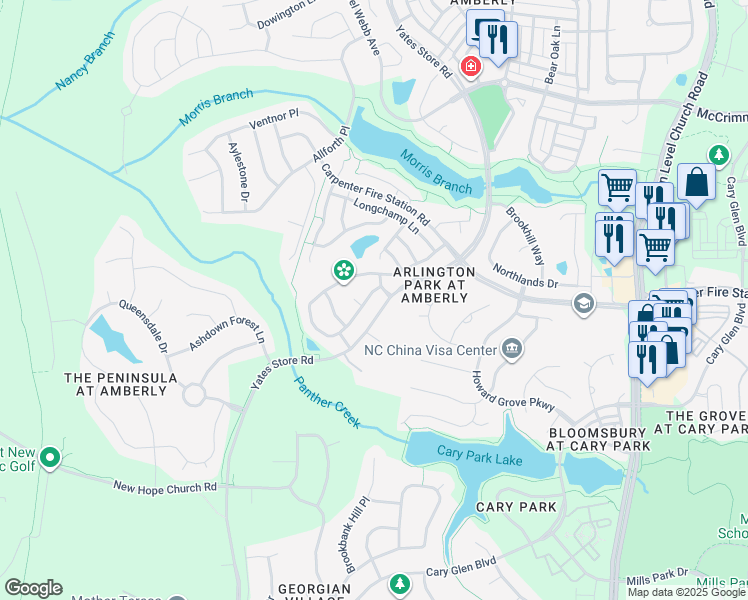 map of restaurants, bars, coffee shops, grocery stores, and more near 2003 Remington Oaks Circle in Cary