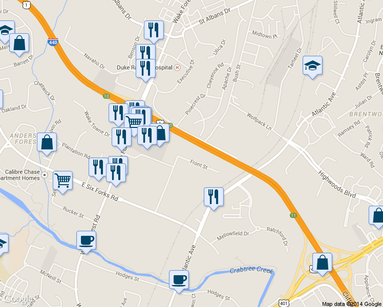 map of restaurants, bars, coffee shops, grocery stores, and more near 1203 Front Street in Raleigh
