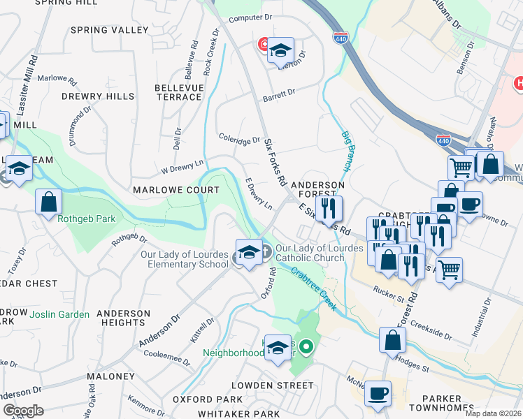 map of restaurants, bars, coffee shops, grocery stores, and more near 204 East Drewry Lane in Raleigh
