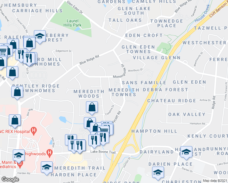 map of restaurants, bars, coffee shops, grocery stores, and more near 3017 Wycliff Road in Raleigh