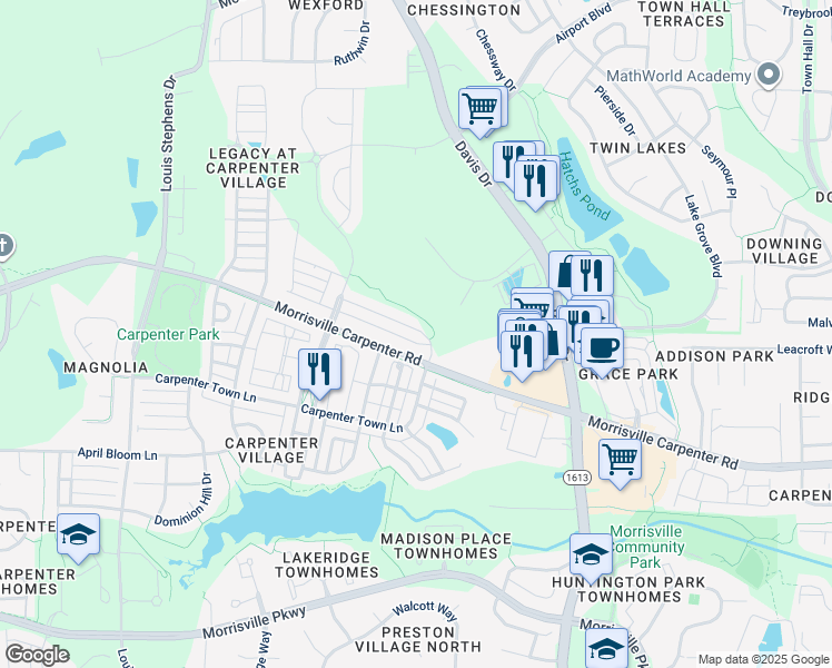 map of restaurants, bars, coffee shops, grocery stores, and more near 217 Mazarin Lane in Cary