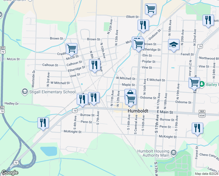map of restaurants, bars, coffee shops, grocery stores, and more near 109 North 13th Avenue in Humboldt