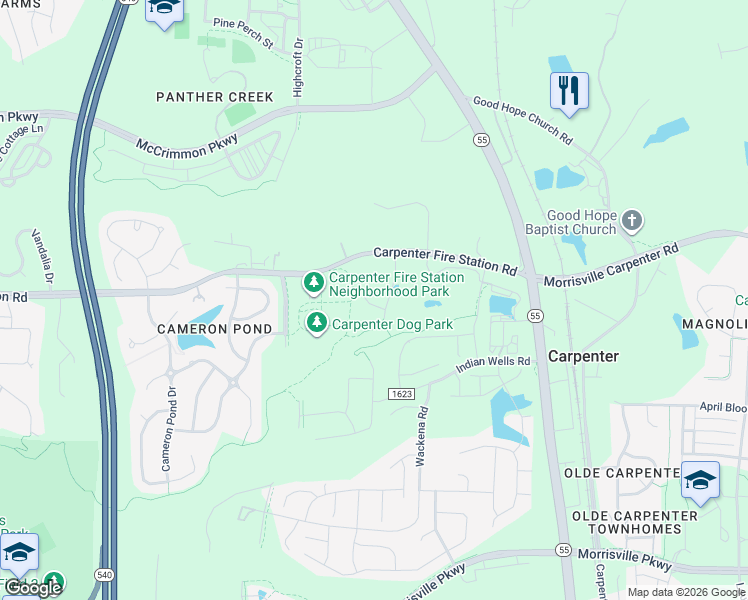 map of restaurants, bars, coffee shops, grocery stores, and more near 7009 Carpenter Fire Station Road in Cary