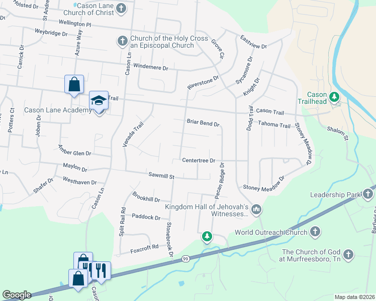 map of restaurants, bars, coffee shops, grocery stores, and more near 2316 Verde Court in Murfreesboro