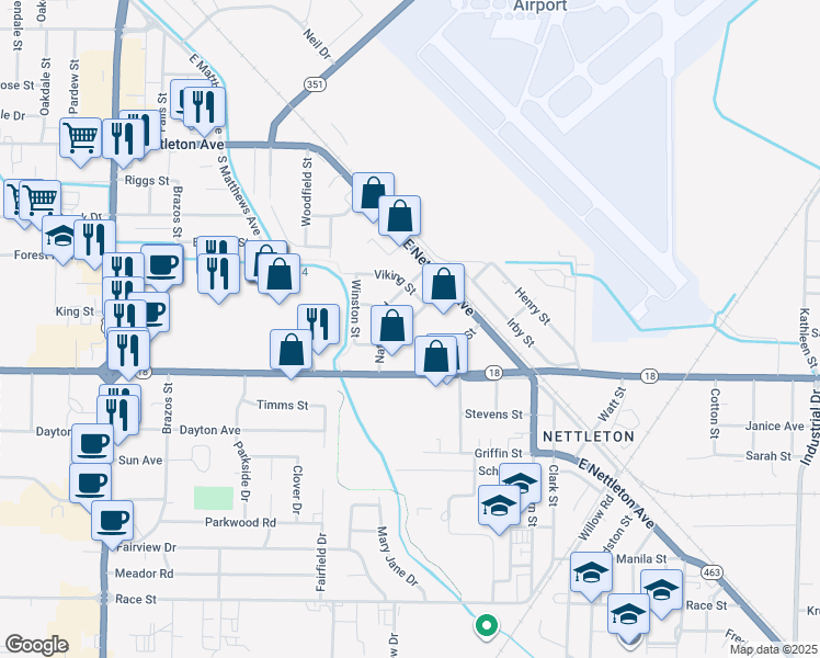 map of restaurants, bars, coffee shops, grocery stores, and more near 1803 Fairlane Avenue in Jonesboro
