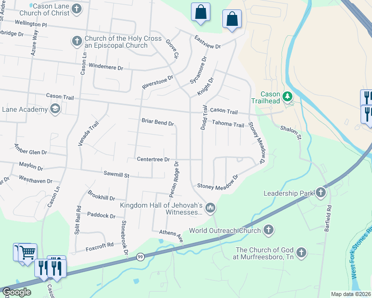 map of restaurants, bars, coffee shops, grocery stores, and more near 1426 River Rock Boulevard in Murfreesboro