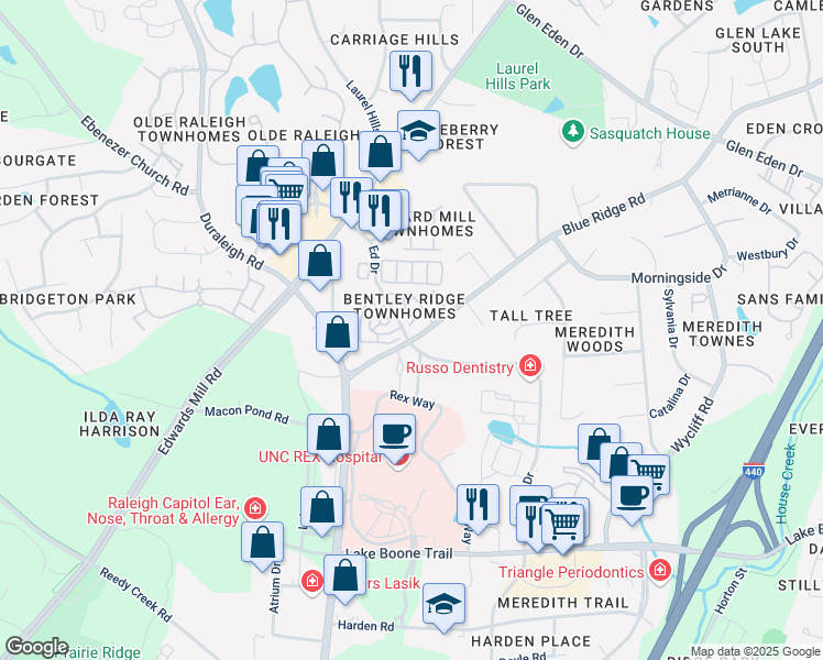 map of restaurants, bars, coffee shops, grocery stores, and more near 3100 Bentley Forest Trail in Raleigh