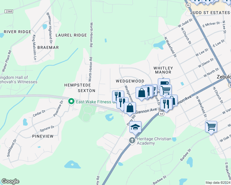 map of restaurants, bars, coffee shops, grocery stores, and more near 621 Devon Place in Zebulon