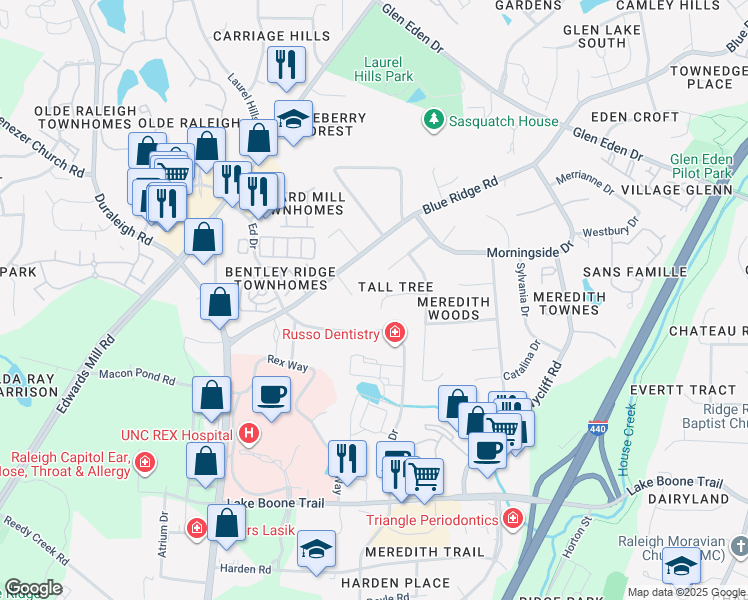 map of restaurants, bars, coffee shops, grocery stores, and more near 3205 Tall Tree Place in Raleigh