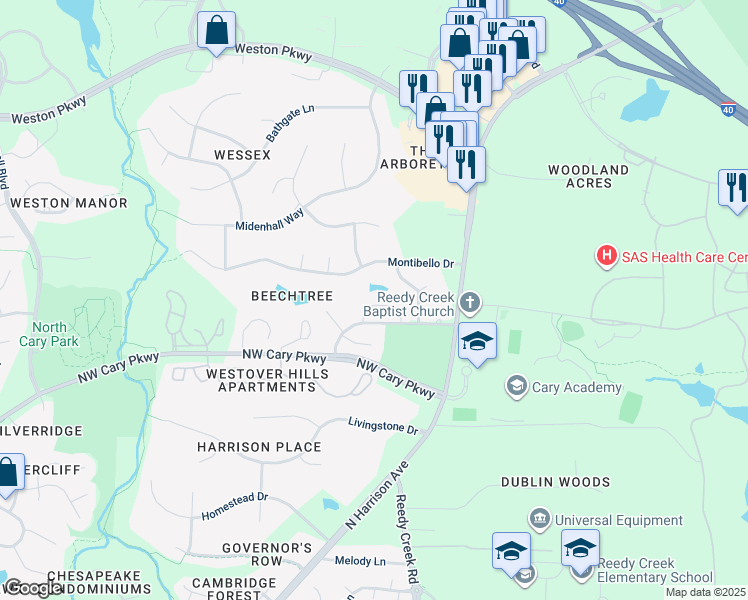 map of restaurants, bars, coffee shops, grocery stores, and more near 124 Oak Hill Loop in Cary