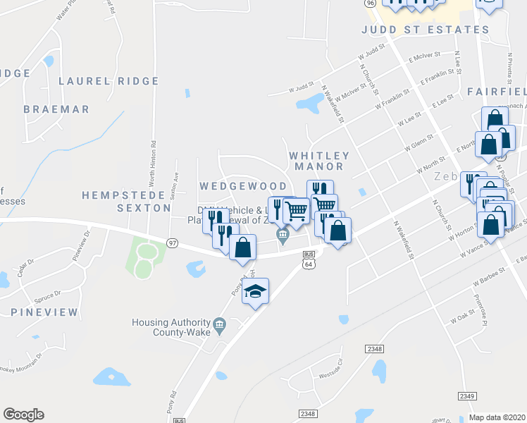 map of restaurants, bars, coffee shops, grocery stores, and more near 549 West Cambridge Drive in Zebulon