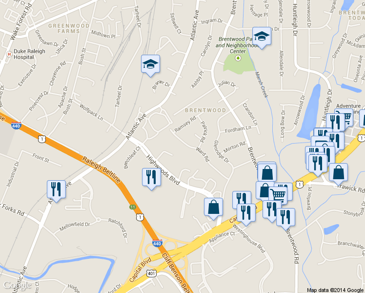 map of restaurants, bars, coffee shops, grocery stores, and more near 3221 Ward Rd in Raleigh