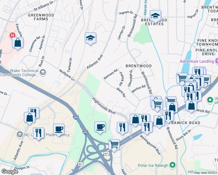 map of restaurants, bars, coffee shops, grocery stores, and more near 3221 Ward Road in Raleigh