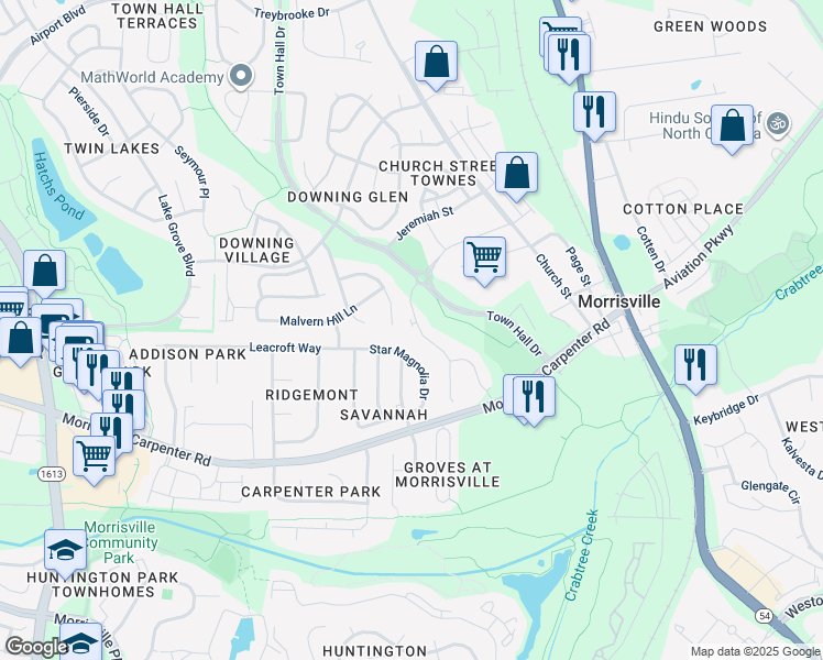 map of restaurants, bars, coffee shops, grocery stores, and more near 312 Carolina Street in Morrisville