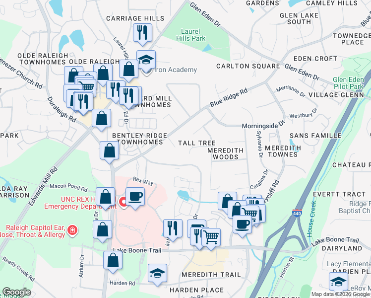 map of restaurants, bars, coffee shops, grocery stores, and more near 3205 Tall Tree Place in Raleigh