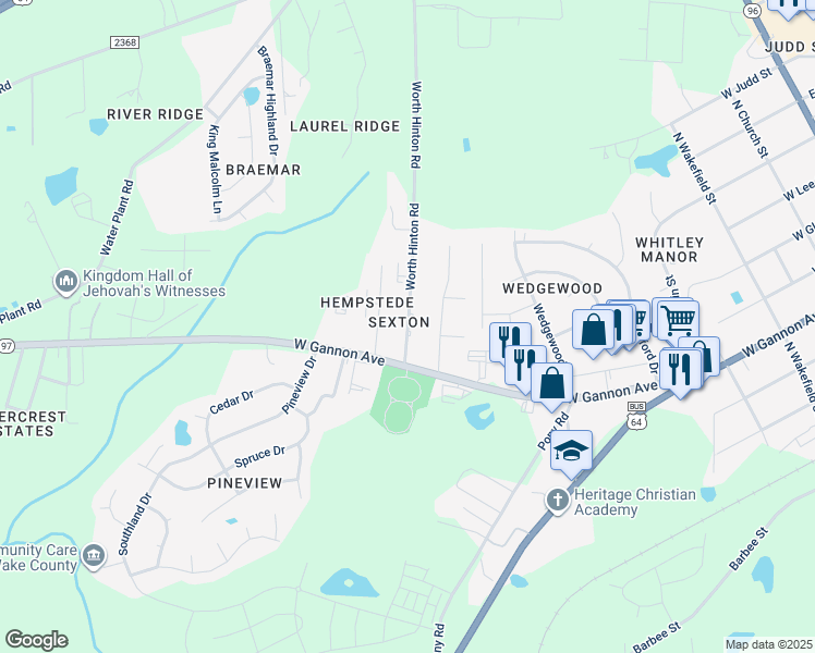 map of restaurants, bars, coffee shops, grocery stores, and more near 502 Worth Hinton Road in Zebulon