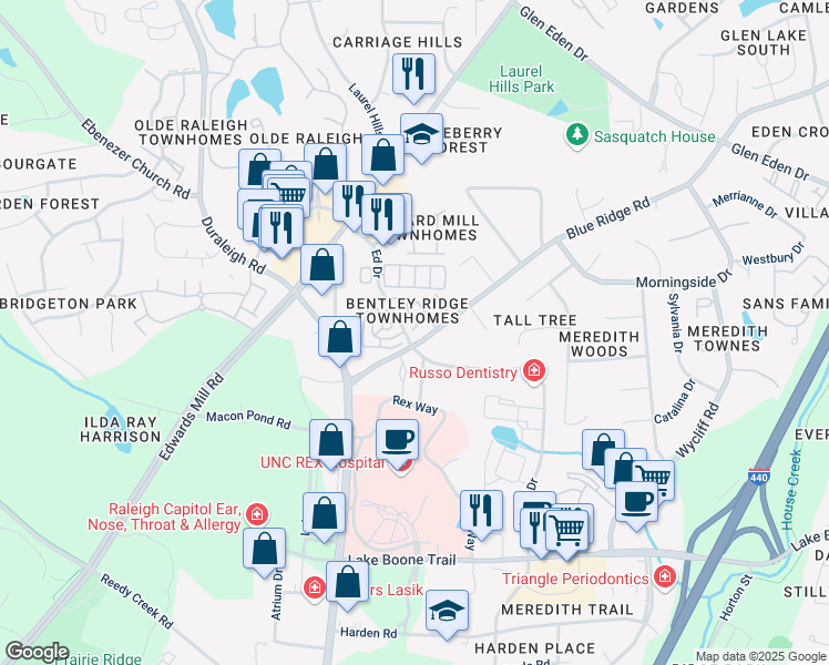 map of restaurants, bars, coffee shops, grocery stores, and more near 3100 Bentley Forest Trail in Raleigh