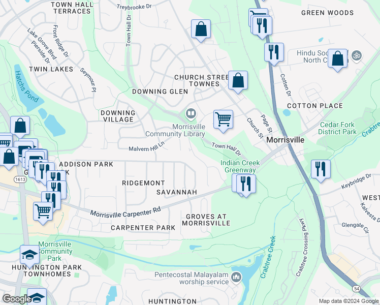 map of restaurants, bars, coffee shops, grocery stores, and more near 312 Carolina Street in Morrisville