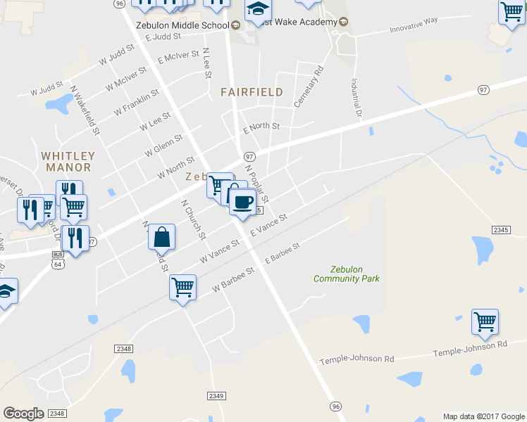 map of restaurants, bars, coffee shops, grocery stores, and more near 122 East Horton Street in Zebulon