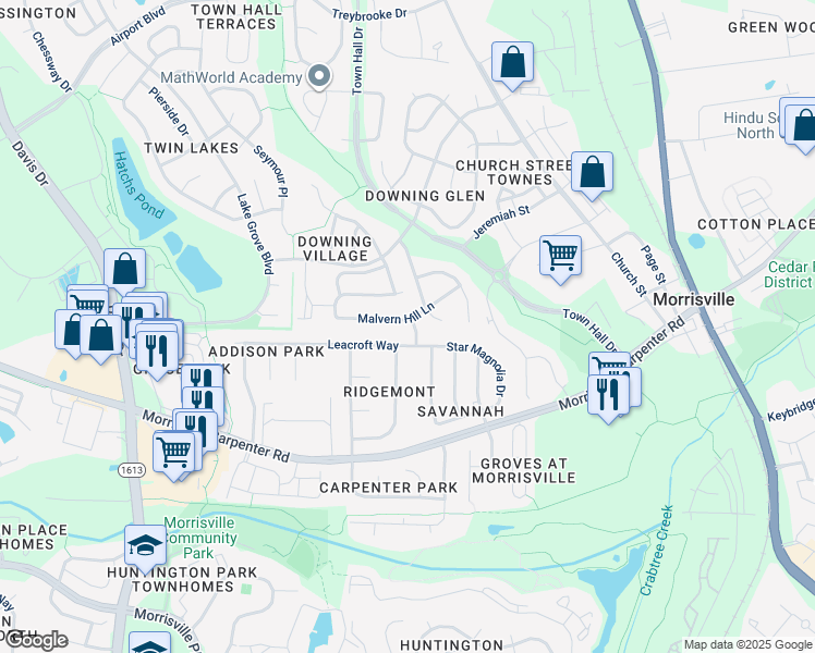 map of restaurants, bars, coffee shops, grocery stores, and more near 301 Malvern Hill Lane in Morrisville