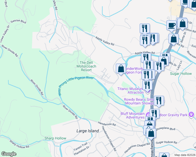 map of restaurants, bars, coffee shops, grocery stores, and more near 460 Lonesome Valley Road in Sevierville