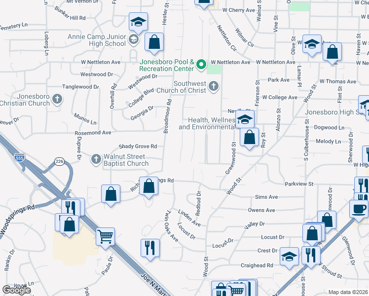 map of restaurants, bars, coffee shops, grocery stores, and more near 1821 Brookhaven Road in Jonesboro