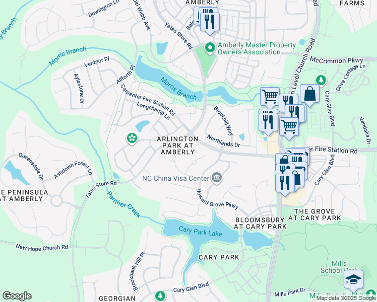 map of restaurants, bars, coffee shops, grocery stores, and more near 534 Siltstone Place in Cary
