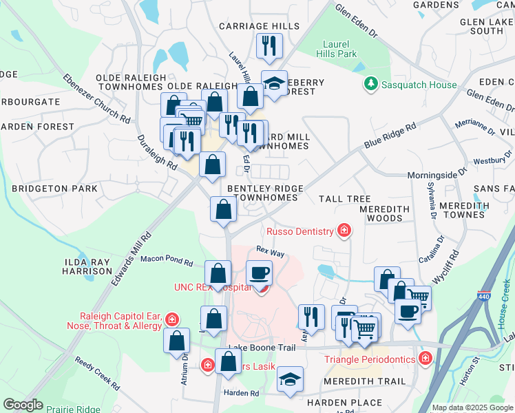 map of restaurants, bars, coffee shops, grocery stores, and more near 3902 Stags Leap Circle in Raleigh