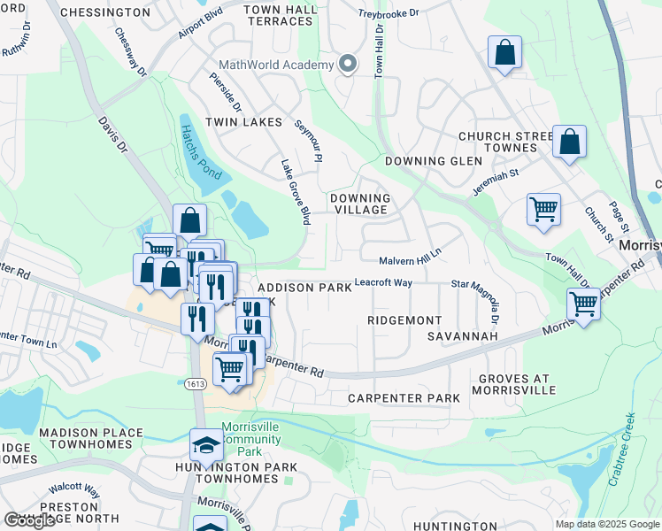 map of restaurants, bars, coffee shops, grocery stores, and more near 262 Hampshire Downs Drive in Morrisville
