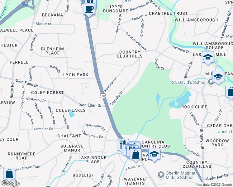 map of restaurants, bars, coffee shops, grocery stores, and more near 3019 Granville Drive in Raleigh