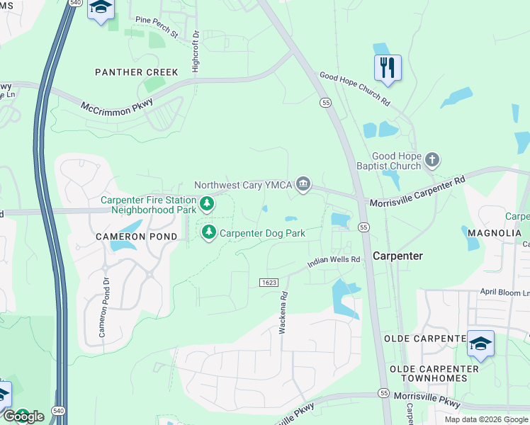 map of restaurants, bars, coffee shops, grocery stores, and more near 8039 Windthorn Place in Cary