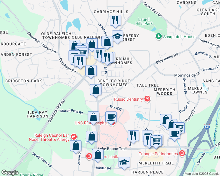 map of restaurants, bars, coffee shops, grocery stores, and more near 3902 Stags Leap Circle in Raleigh