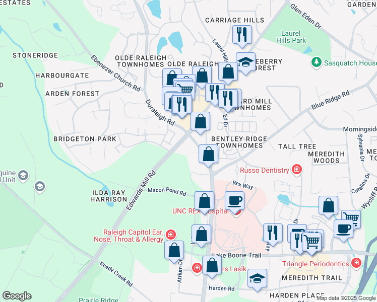 map of restaurants, bars, coffee shops, grocery stores, and more near in Raleigh