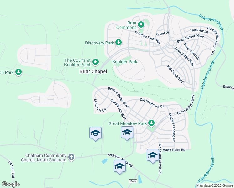 map of restaurants, bars, coffee shops, grocery stores, and more near 413 Beacon Ridge Boulevard in Chapel Hill