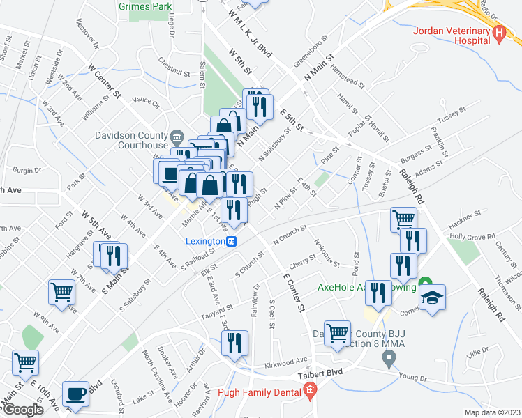map of restaurants, bars, coffee shops, grocery stores, and more near 205 East 1st Street in Lexington