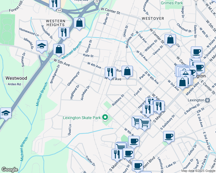 map of restaurants, bars, coffee shops, grocery stores, and more near 604 Southbound Street in Lexington
