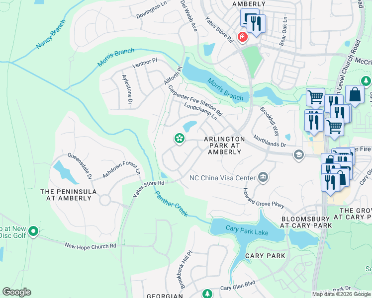 map of restaurants, bars, coffee shops, grocery stores, and more near 2027 Remington Oaks Circle in Cary