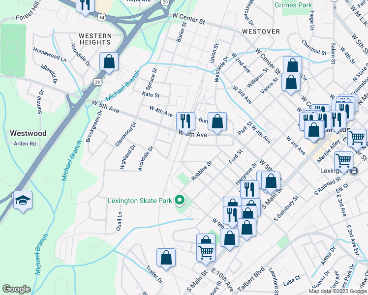 map of restaurants, bars, coffee shops, grocery stores, and more near 604 Southbound Street in Lexington