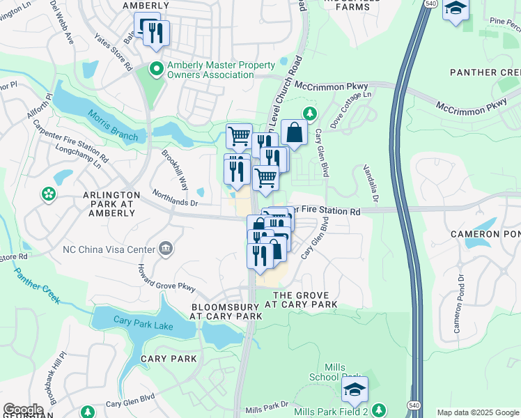 map of restaurants, bars, coffee shops, grocery stores, and more near 7640 Carpenter Fire Station Road in Cary